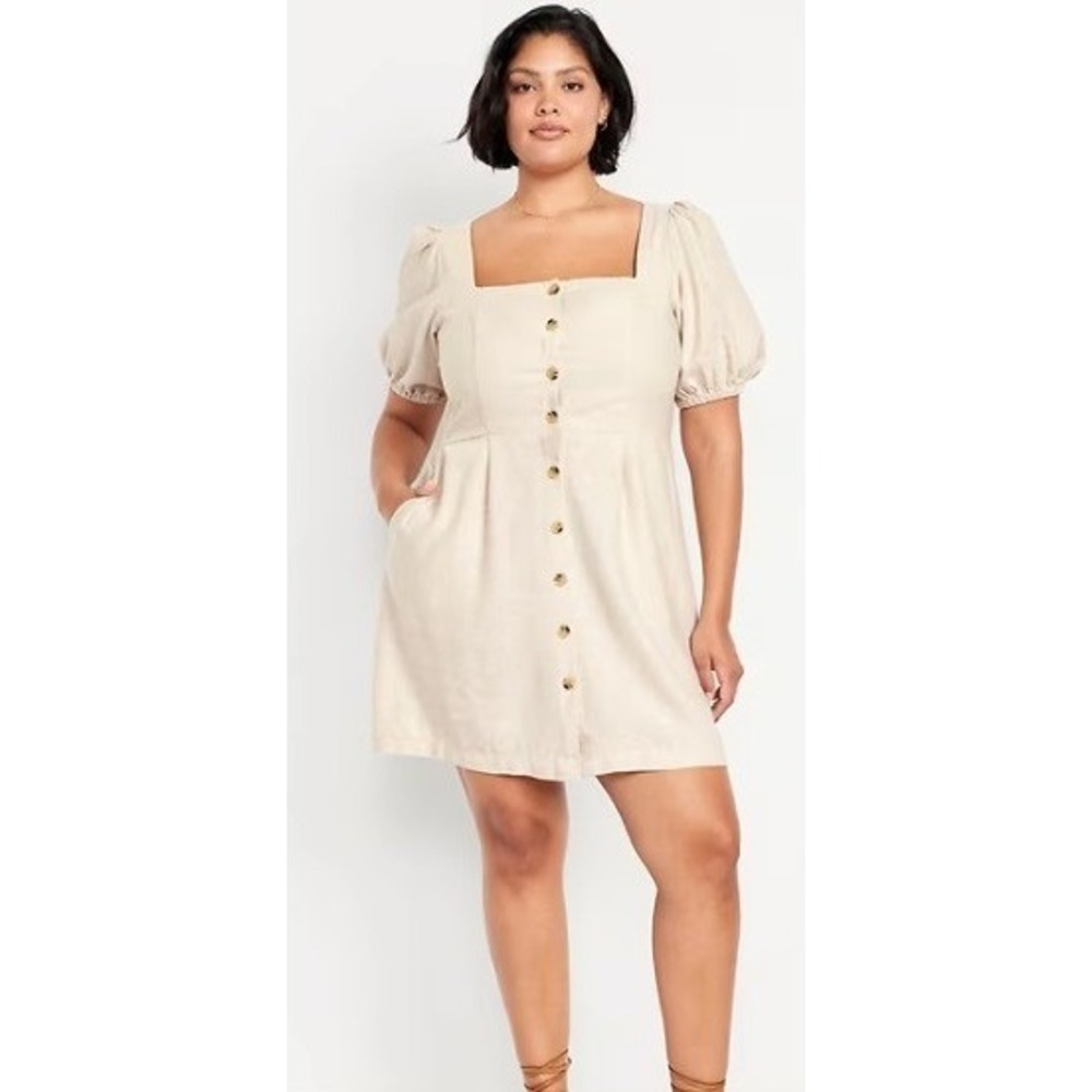 Old Navy Puff Sleeve Linen Blend Mini Dress Square Neck Button Front Size XL